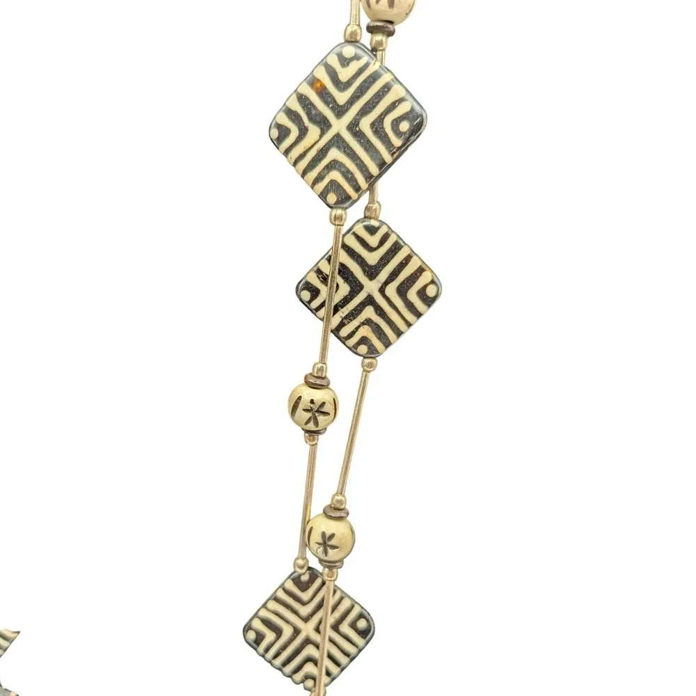Kenya Batik Bone Bead Necklace Tribal Geometric Statement Black Cream Brown - Picture 2 of 10